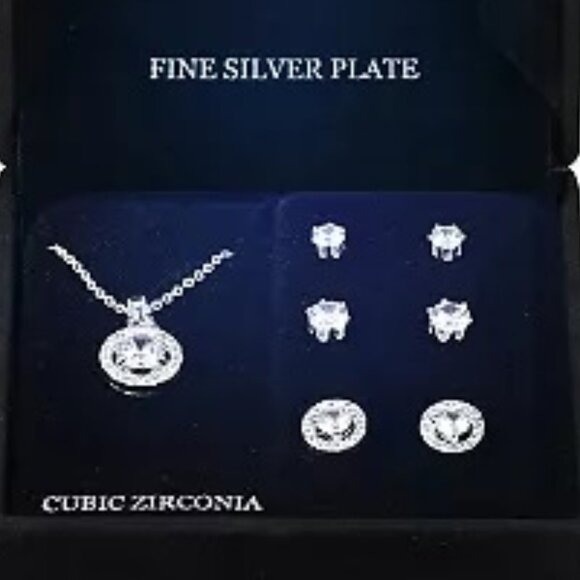 PRIMAVERA 4pc Round Halo Clear CZ Silver Plated Necklace & Stud Earrings Set - Picture 2 of 2